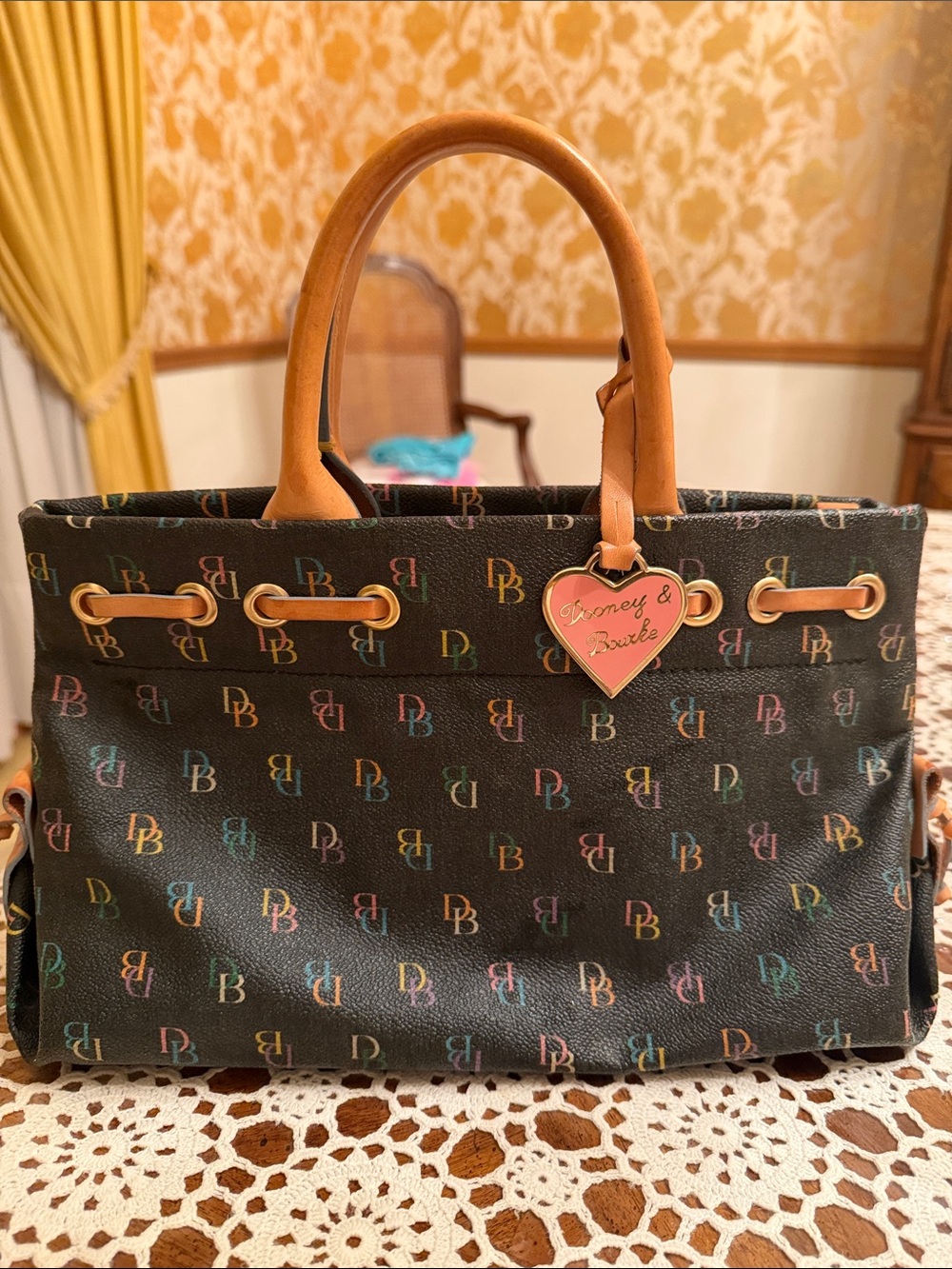 Dooney & Bourke Black Multicolor Logo Tote with Tan Handles